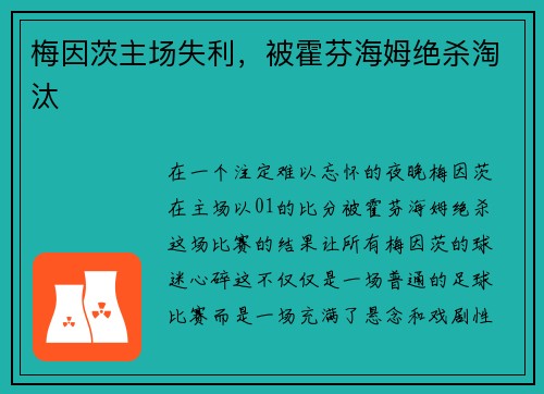 梅因茨主场失利，被霍芬海姆绝杀淘汰